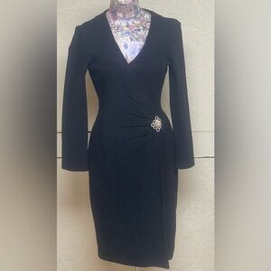 St. John Black Long Sleeve Dress with Brooch